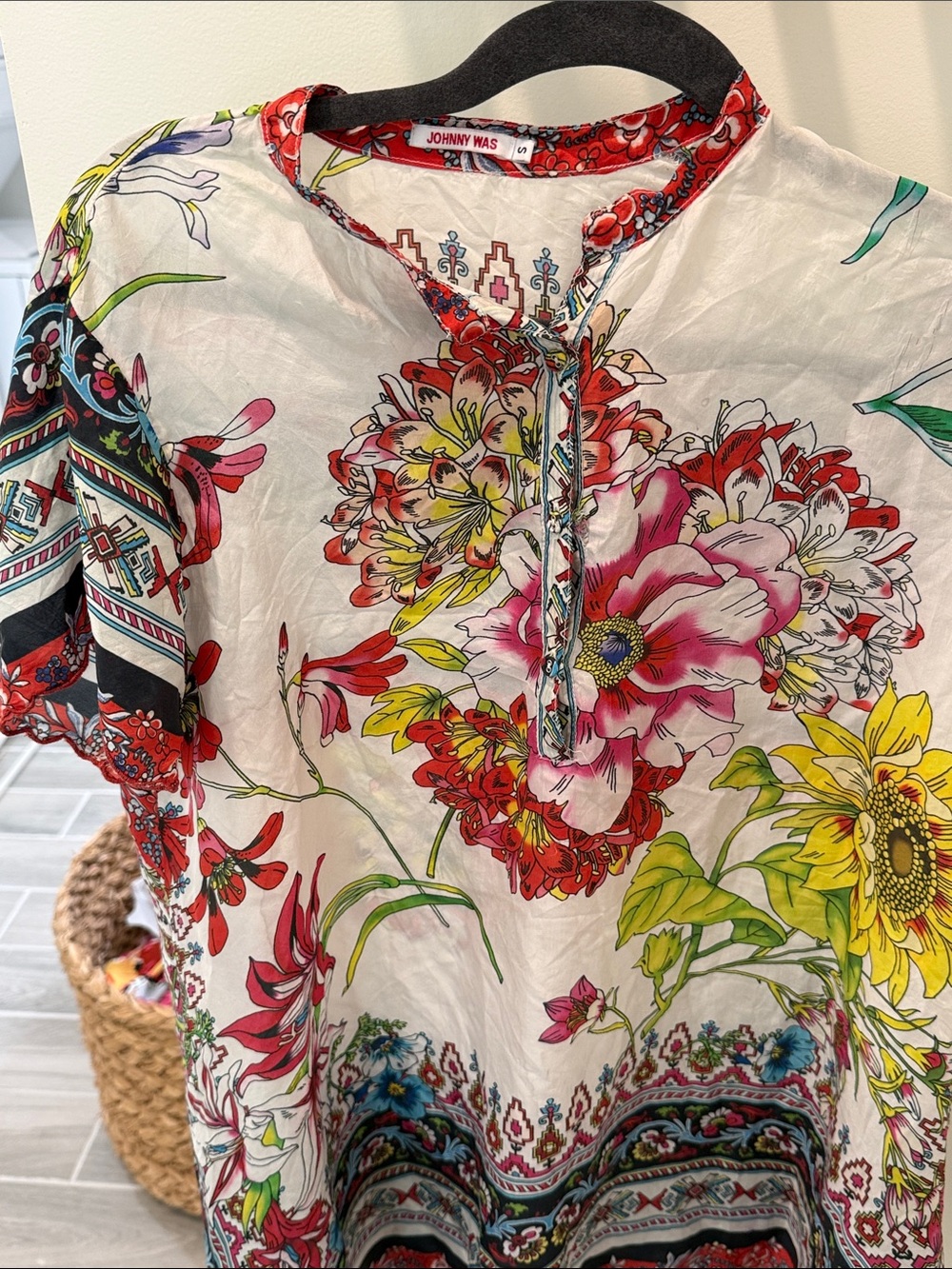 Johnny Was White Floral Split-Neck Tunic with Multicolor Blooms